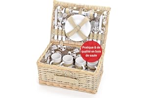 WOMA Panier Pique-Nique Fleuri pour 4 Personnes I Panier en Osier tressé avec Couverts, Vaisselle & Verres à vin pour vélo & Auto I Moderne avec poignée & Couvercle