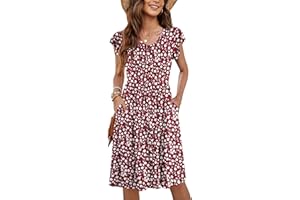 Molerani Damskie letnie sukienki z rękawami z falbankami i dekoltem w kształcie litery V, na co dzień, rozkloszowana, sukienka midi z elastyczną talią i kieszeniami, S-2XL