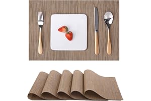Myir JUN Table Mats Set of 6, Place Mats Table Placemats Washable Non-slip Heat Insulation Woven Vinyl for Kitchen Dinning Restaurant 18"X12" (Brown)