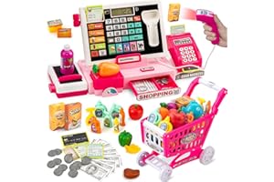 VROGTIK Interactive Pretend Play Cash Register Toy with Shopping Cart, Scanner, Calculator & Music – Educational Gift for Toddlers & Kids Ages 3-8 (Red-Pink Design)