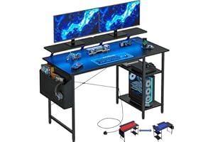 DOMSHOCT Gaming Desk with LED Lights & Power Outlets, Reversible Computer Desk with Storage Shelves,Small corner desk, for Home Office & Study, 100×50cm Black