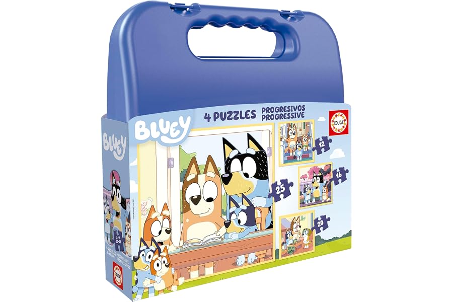 Educa - Set de Cuatro Puzzles progresivos de 12 a 25 Piezas con los Personajes de Bluey | Presentados en una magnífica Maleta