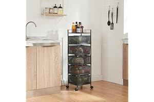 [en.casa] Rollwagen Sunndal mit 5 Ebenen mehrlagiges Küchenregal mit Rädern Servierwagen aus Stahl ausklappbare Körbe Regal für Küche, Bad 94,5x27x27cm Schwarz