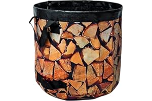 NOOR Kaminholz-Tasche 60L Ø 45 x 40 cm, bis zu 40 kg Tragkraft I Kaminholz-Korb aus reißfestem & stark belastbarem PP/PE-Gewebe I Feuerholz-Korb im schönem Holz-Design I Brennholz-Korb extra robust