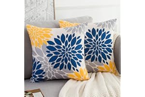HomeStilez Fundas de Cojines Dahlia Flower Lino Juego de 2 Amarillo y Azul Marino Gris Farmhouse Funda de Almohada 45x45cm Primavera Verano Decorativo para Salón Sofá Sofá Interior Jardín