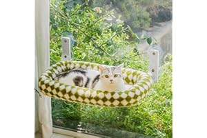 MEWOOFUN Large Cat Window Hammock Bed w/Removable Thicken Cover - Foldable Cat Window Bed Perch Sturdy for Cats Sunbathing Viewing, with 4 Strong Suction Cups Holds up to 18kg (Green, M)