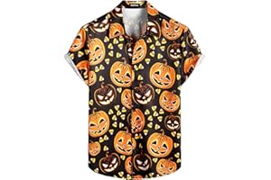 VATPAVE Herren Halloween Kürbisse Kurzarmhemden mit Knöpfen lässiges Totenkopfhemd