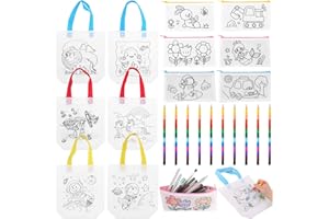 ZIGefofo Lot de 12 Sacs à Colorier Enfant et 10 Crayons de Cire Empilables de 12 Couleurs DIY Sac de Peinture des Enfants Sac Non Tissé de Peinture pour Les Cadeaux de Fête d'Anniversaire