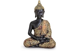 TEMPELWELT® Deko Figur Buddha Statue Amithaba sitzend 15 cm, Polystein schwarz Gold rot, Dhyani-Buddha Dekofigur Thai Buddha Statue Buddhafigur