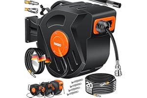 MASKO Enrouleur automatique de tuyau à air comprimé de 20 m – Enrouleur de tuyau avec raccord 1/4", support mural, poignée de transport, pivotant à 180°, frein de tuyau, pré-monté/prêt à l'emploi