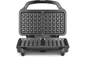Salter Doppia Piastra per Waffle – Waffle Belgi e Americani, Piastre Profonde Antiaderenti, Doppie Piastre, Controllo Automatico Temperatura, Manico Termoisolante, Design Compatto Verticale, 900 W