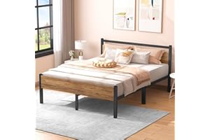 Yornoli King Size Bed Frame with Wood Headboard 31.5cm Metal Platform Bed Frame with Storage Sturdy Non-Slip Without Noise No Box Spring Needed Black & Rustic Brown