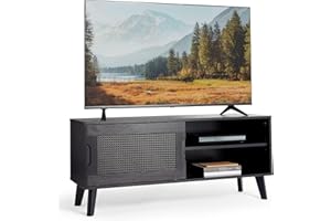 Spinningfield Black TV Unit - Rattan TV Stand Cabinet for TV's up to 55" - Wood Effect Entertainment Unit w/Storage Cupboard & Shelves - Scandi Style - 20kg Weight Capacity - For Lounge - Barton Range