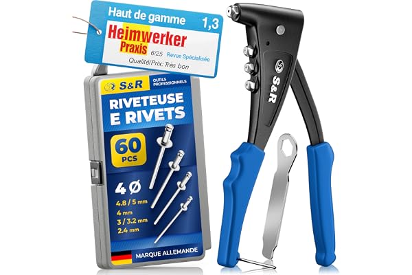 S&R Pince à Riveter Coffret Riveteuse Manuelle avec 60 Rivets aveugles Acier, Alu, Inox. Coffret Riveteuse + 60 Rivets
