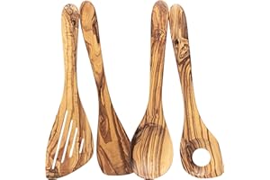 Erreke Set Utensili Cucina Legno, Realizzati a Mano in Ulivo Mediterraneo, Set Mestoli Cucina Legno, Cucchiaio, Spatola, Mensolo, Resistenti al Calore e Durevoli, 4 Pezzi