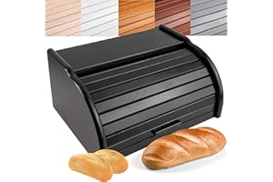 Creative Home Porta-Pane Legno Nero | Moderno | 38x28,5x17,5cm (+/-1cm) | Contenitore Pane | Coperchio Scorrevole Avvolgibile | Apertura Frontale a Scomparsa | Faggio Naturale | Accessori Cucina