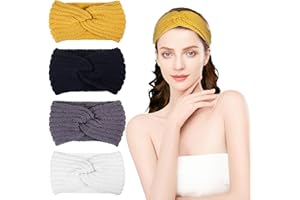 EUIOOVM Zimowa opaska na czoło damska, 4 sztuki, wielokolorowa, dziergana opaska na włosy, szydełkowane, pogrubione, ocieplacze do uszu, elastyczna opaska do włosów, w stylu vintage, ozdoba do włosów