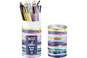 BIC 4 Couleurs Décor Box, Stylo à Bille Rétractable, Stylo 4 Couleurs, Pointe Moyenne (1 mm), Boîte Métallique, Lot de 8