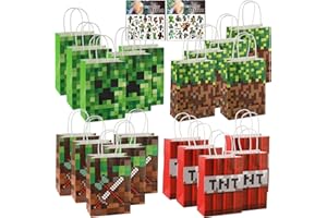 FINEASY 20 Piezas Bolsas de Regalo de Miner Gaming, Bolsas de Papel de Miner Gaming, Bolsas de Fiesta Videojuegos con Asas, Bolsas de Fiesta para Cumpleaños de Suministros, 21x15x8cm