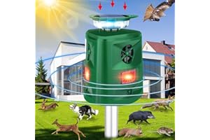 HAPPY WATCH Outdoor Cat Repeller 360° Solar Ultrasonic Animal Repellent with Motion Sensor& LED Flashing Light, Cat Scarer 5 Modes Adjustable Waterproof Dog Rabbit Deer Fox Squirrel Deterrent for Garden Yard