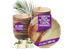 Waipur 25 Cuencos Desechables de Hoja de Palma Orgánicos - 11 cm/ 200 ml - Vajilla Ecológica Elegante - Estable, Natural y Compostable - Menaje para Aperitivos o Fiestas - Estilo Madera