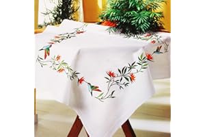 KAMACA Kit de broderie de table KOLIBRI au point de tige, point de plat, peinture à l'aiguille, pré-dessinée, en coton, kit de broderie avec modèle de broderie (nappe centrale 80 x 80 cm)