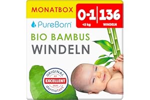 ‎PUREBORN PureBorn 136 Windeln Größe 1 (0-5 kg) – Ultra-Saugfähig, Hypoallergen, Weich & Sanft für Neugeborene (0-3 Monate) – Dermatologisch Getestet, Auslaufsicher, Umweltfreundlich aus Bambus