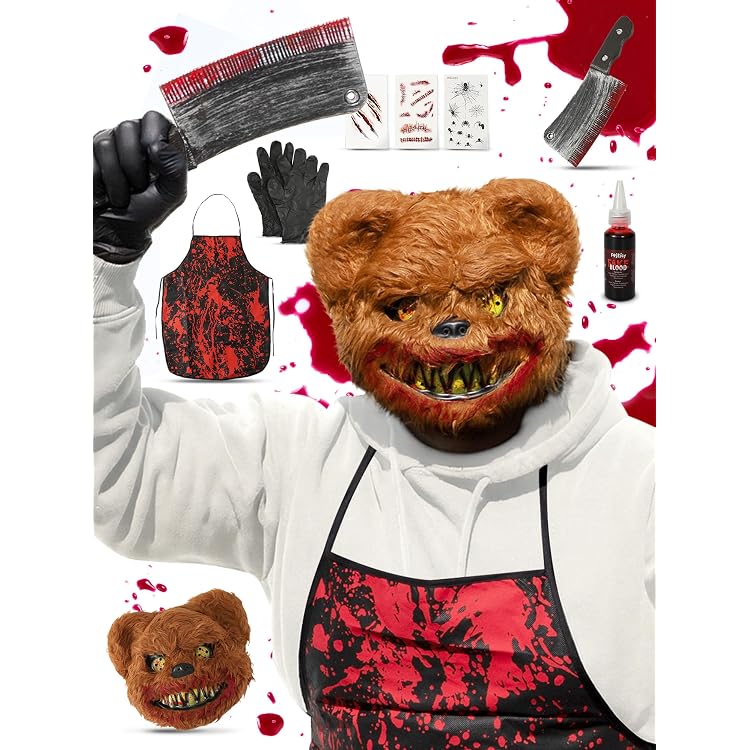 XLZJYIJ Halloween Metzger Kostüm – Mit Blutiger Schürze, Stirnbändern & Zombie-Tattoos, Für Damen & Herren