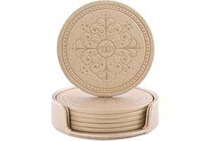 LISRSC Coasters for Drinks Set of 6 - PU Leather Coasters with Holder - Absorbent Drink Coasters for Coffee Table- Suitable for Kinds of Cups - Coaster Set for Home Decor Tabletop Protection(Nude)