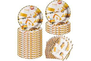 AINIUNIU Fournitures de Fête d'Anniversaire Vaisselle d'Excavatrice, Fournitures de Fête d'Anniversaire de Chantier de Construction, Décorations d'Anniversaire Pour Garçons Filles Enfants, 20 Invités