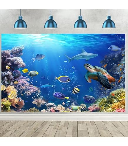Aoihrraan 2,7x1,8m Monde Sous Marin Toile De Fond Animaux D'Aquarium Scène Fond Marin Poissons Tropicaux Corail Coloré Photographie Bébé Douche Fête D' Anniversaire Thème Sirène Enfant Portrait Photo