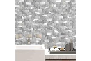 VAOVI Ziegelstein Mosaik 3D Selbstklebende Wandfliesen Aufkleber für Wand Bad WC Dusche Küche Fliesen Wandplatte Wasserdicht(10 Fliesen,Grau Silber)