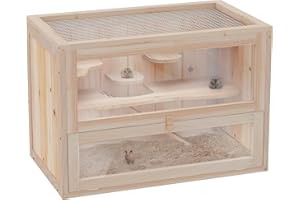 PawHut Wooden Hamster Cage, Gerbil Cage with Ramp, Platforms, Mouse Mice Rodent Small Animals Hutch, Exercise Play House, 60 x 35 x 42cm, Natural Wood Finish