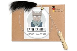 KATER KASIMIR Jouet de pêche pour Chat de qualité supérieure avec véritable Fourrure de chèvre. Fabriqué à la Main en Allemagne avec Amour avec poignée en Bois de hêtre.