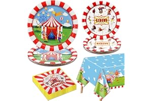 QUERICKY Carnival Party Supplies for 20 Decorations, Circus Tableware Set includes Carnival Paper Plates, Napkins, Welcome to Circus Tablecloth for Circus Carnival Party Decorations, Kids Birthday Party
