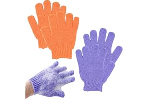 MEETTIKEY 2 Paires De Gants Exfoliants, Gants De Bain Exfoliants, Gants Exfoliant Corps, Gants De Bain à Cinq Doigts Pour Hommes, Femmes, Enfants Pour Exfoliation/Douche/Baignoire/Spa/Massage (Violet + Orange)