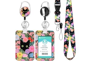 DUOUPA Porta Tarjetas Identificativas, Lanyard con ID Card Badges, Porta Tarjetas con llavero extensible para mujeres, profesores, enfermeras, doctor, estudiante（Flores de gato）
