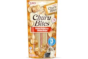 INABA Churu Bites Bocconcini di Pollo con Cuore di Pollo - 1 Pack (3 Stick x 10gr) - Snack per Gatti Morbido e Cremoso - Cibo per Gatti Senza Conservanti o Coloranti Artificiali, Grain-Free