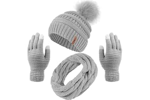 ANECO Womens Winter Warm Sets Knitted Fur Pompoms Beanie Hat Circle Loop Scarf Touch Screen Gloves Winter Favor Accessories
