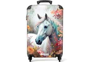 NoBoringSuitcases.com® Kinderkoffer Koffer Mädchen Trolley Handgepäck Hartschalenkoffer Klein Geschenk - Kinder - Pferde - Weiß - Kinder Koffer Madchen Koffer klein, 55x30x20