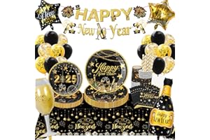 YIMAKJ 2025 Silvester Party Geschirr, Silvester Deko 2025XXL Dekoration, Happy New Year Partygeschirr Set, Silvester Tischdeko, Pappteller Banner Ballons Servietten für 2025 Silvester Dekoration Partyzubehör