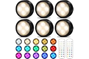 Onumii LED Sans Fil Lampe de placard, Adhesive Spot LED à Pile avec Telecommande Couleur rgb Lumiere pour Armoire (Lot de 6 Noir)