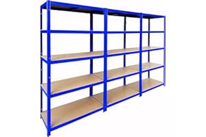 Racking Monkey 180x90x45cm | 3 Bay Garage Shelving Units | 200kg UDL Per Shelf (1000kg Per Bay) | Blue Storage Shelves | 5 Tier Workshop, Shed, Office | Metal & MDF Boltless