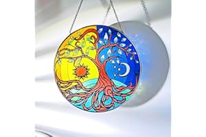 SCYPHERX Tree of Life Stained Glass Suncatcher Four Seasons Theme Colorful Leaves Window Wall Hanging Ornament Hand-Painted Glass Panel Decor Birthday Gift for Mom Grandma Teacher Friend 7.9 * 7.9”