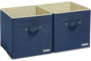 YueYue Foldable Closet Organizer Fabric Cube Bins Storage - 2 Pack 13 X 13 X 13 Inch Cube Storage Bins Navy Blue - Bin Storage Collapsible Shelves Pack Basket Cloth