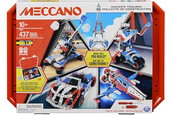 Bandai - Meccano Mallette de Construction - Coffret de Construction 5 en 1 Véhicules, Robot, Tour Eiffel - 437 pièces, Outils, Notice - Kit Activité Assemblage - Jouet Enfant 10 Ans et + -APM20106