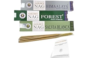 Mamami - Golden Nag Incensi - Set Respiro della Natura - 3 Conf. x 15 gr - Salvia Bianca, Forest, Himalaya - Incenso Bastoncini Naturali - Per Meditazione, Yoga - Con manuale esclusivo Mamami™