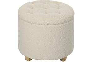 ‎HOMCOM HOMCOM Sitzhocker mit Stauraum, Kleiner Hocker mit Deckel, Runder Fußhocker mit Holzbeinen, Kaschmiroptik, Polsterhocker für Wohnzimmer Schlafzimmer, 45 x 45 x 41 cm, Cremeweiß