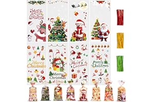 Toptime 160 Pièces Sachet Biscuit Noel, Sachet Plastique Transparent Noel avec 180 Pièces Liens Torsadés, Sachets Transparents pour Biscuits, Bonbons, Chocolats avec Père Noël Bonhomme de Neige