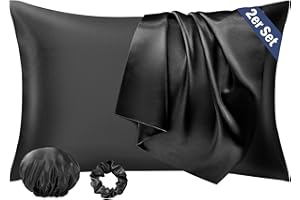 ‎SEIWOHL Seiwohl Satin Kissenbezug 40 x 80, 2er Set Satin Kopfkissenbezug 40x80 Pillowcase Kissen Bezug Kissenhülle für Haar und Haut, ähnlich wie Seide, Schwarz, mit Haargummi und Haarhaube